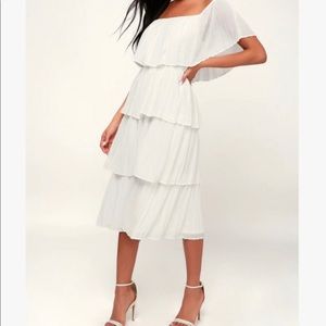 NWT Lulu’s Gala Ready White Off-the-Shoulder Ruffle MIDI Dress | Size XS